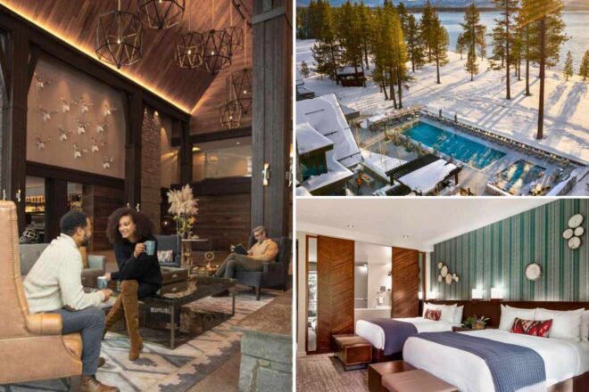 A collage of three hotel photos to stay in Lake Tahoe: a luxurious hotel lobby with unique geometric lighting and stylish decor, an outdoor pool surrounded by snow-covered pine trees, and a modern hotel room with a mountain view and contemporary furnishings.