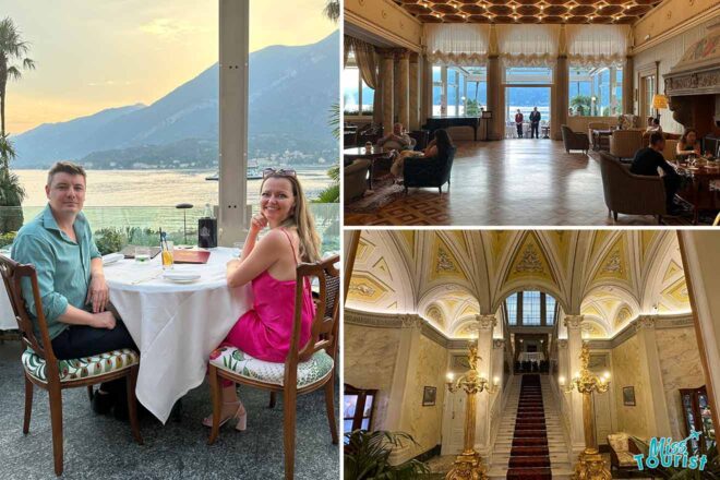 A collage of three hotel photos to stay in Lake Como: a couple enjoying a romantic dinner with a lake view, a grand hotel lobby with opulent decor and a spacious dance floor, and a majestic staircase leading to a luxurious entrance