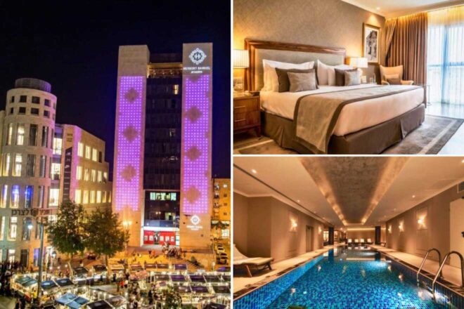 A collage of three hotel photos to stay in Jerusalem: A luxurious rooftop lounge area overlooking the historic cityscape, a spacious and elegant suite with a modern aesthetic and city views, and a serene hotel pool reflecting the ambient lighting and architecture.