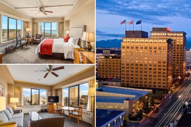 A collage of three hotel photos to stay in Anchorage: a spacious hotel suite with ocean views and elegant furnishings, the classic exterior of a high-rise hotel at dusk, and a luxurious corner suite with city views and a separate living area.