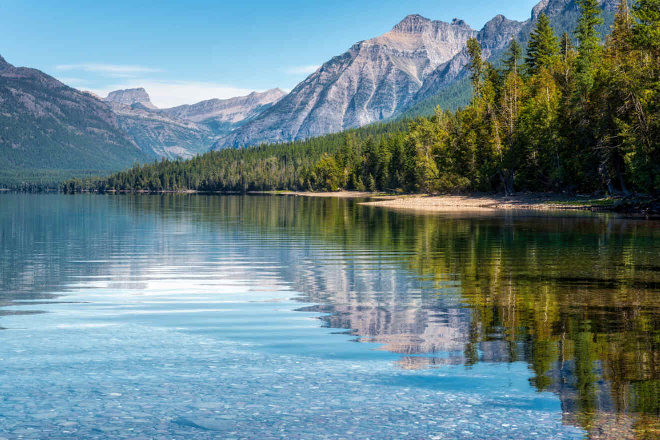 Crystal clear reflections on a calm lake surrounded by a forest with towering mountains in the background under a bright blue sky