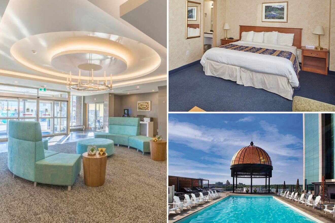 A collage of three hotel photos to stay in Clifton Hill & Niagara Falls Centre Niagara Falls: A modern hotel lobby with sleek furnishings and a circular chandelier, a simple yet comfortable hotel room with a blue and gold bedspread, and a rooftop pool with a dome-covered lounge area.