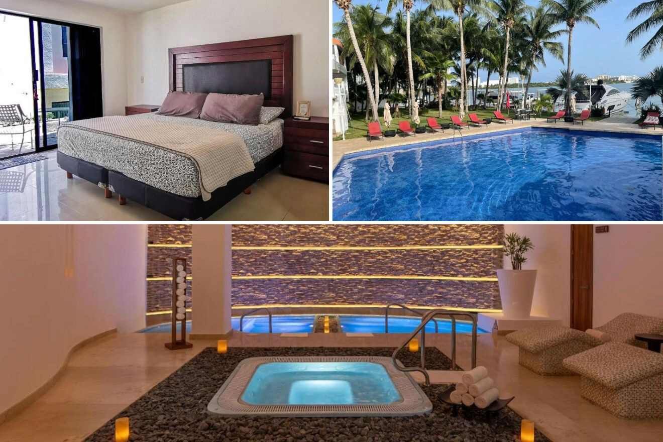 A collage of three hotel photos to stay in Cancun: A bedroom with a large window and poolside view, a tropical outdoor pool surrounded by palm trees and lounge chairs, and a relaxing spa area with a Jacuzzi and ambient lighting