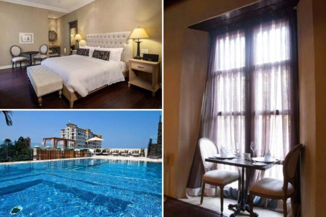 A collage of three hotel photos to stay in Cartagena: an elegant bedroom with a tufted headboard and a cozy sitting area, a serene poolside view under clear blue skies, and a quaint dining space with a window view