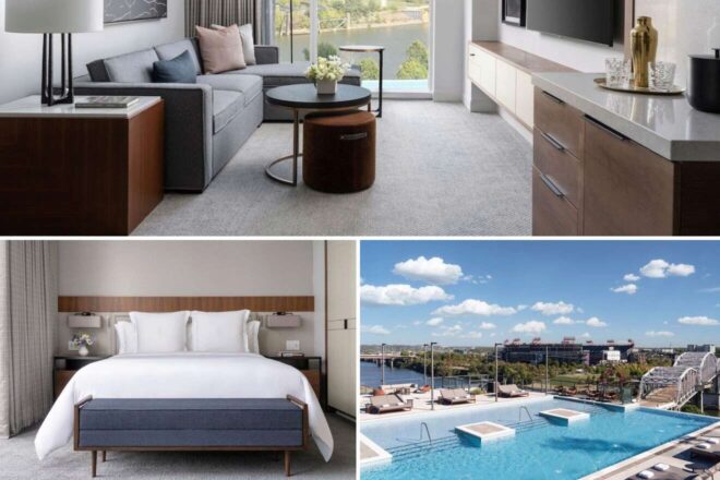 A collage of three hotel photos for a stay in Nashville: a chic suite with a comfortable grey sofa and a waterfront view, a minimalist bedroom with crisp white linens and a blue throw, and an inviting rooftop swimming pool with a view of a stadium in the distance