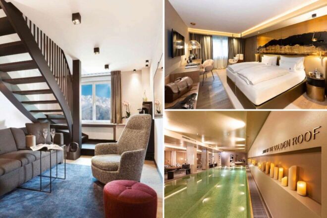 A collage of three hotel photos to stay in Innsbruck: a split-level suite with a view of the mountains, a plush bedroom with elegant lighting and decor, and an indoor pool area 