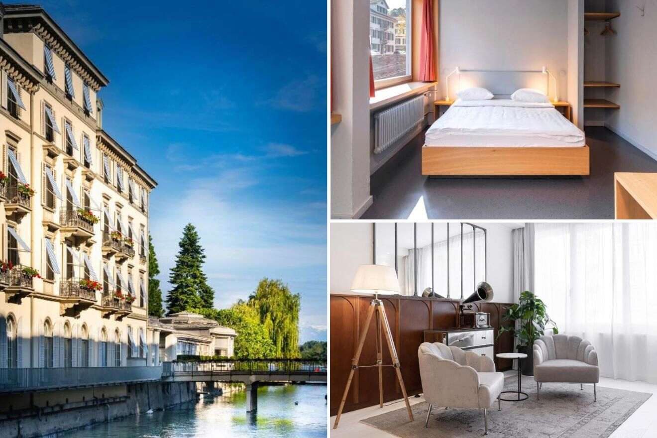 A collage of three hotel photos to stay in Altstadt Zurich: a classic European building with balconies and flowers, a minimalist bedroom with ample natural light, and a cozy sitting area with modern furniture and large windows