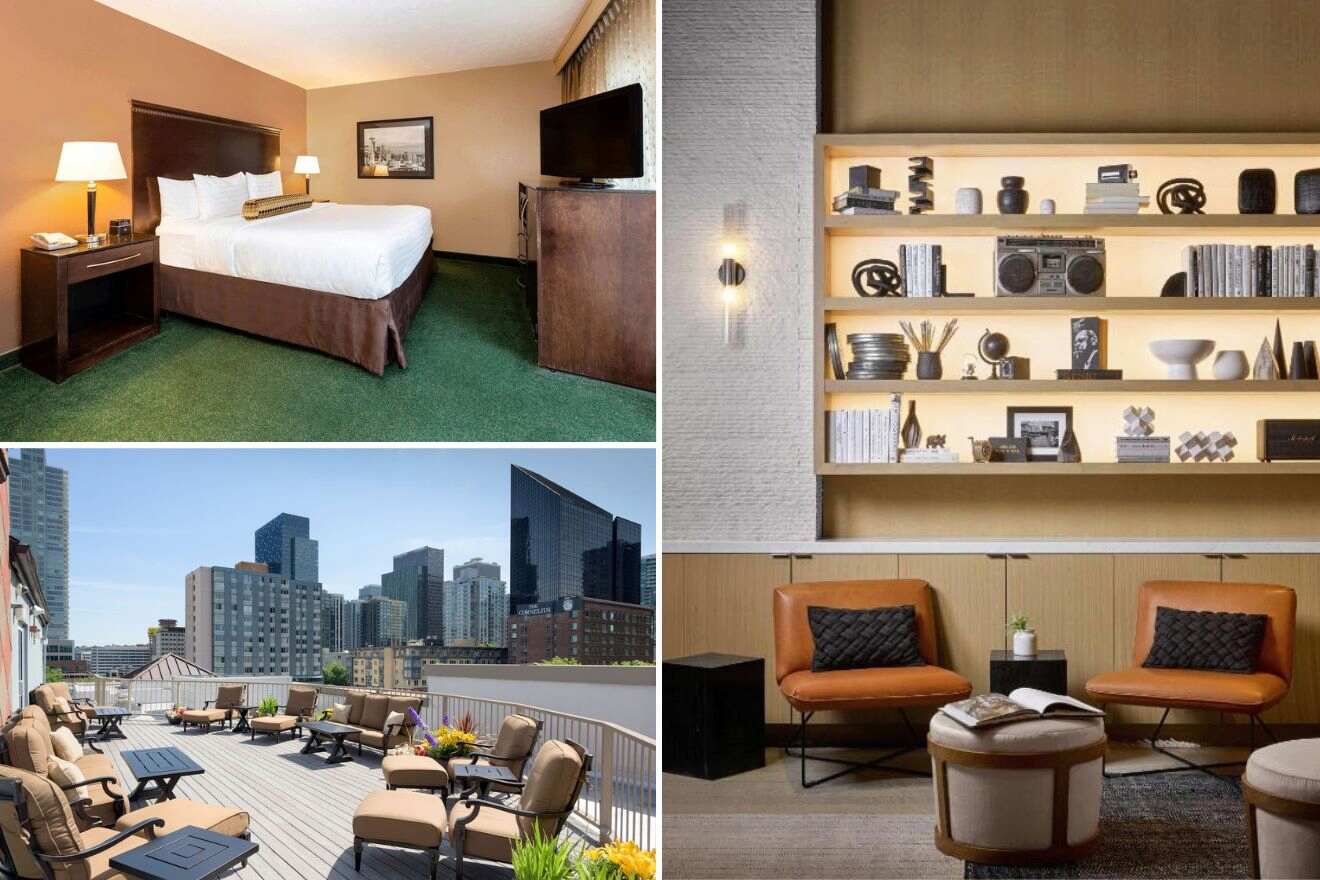 A collage of three hotel photos to stay in Seattle: a cozy bedroom with plush furnishings and city view, a neatly organized shelf with decorative items and books, a rooftop terrace offering a view of skyscrapers, and a pair of retro style chairs in a lounge area