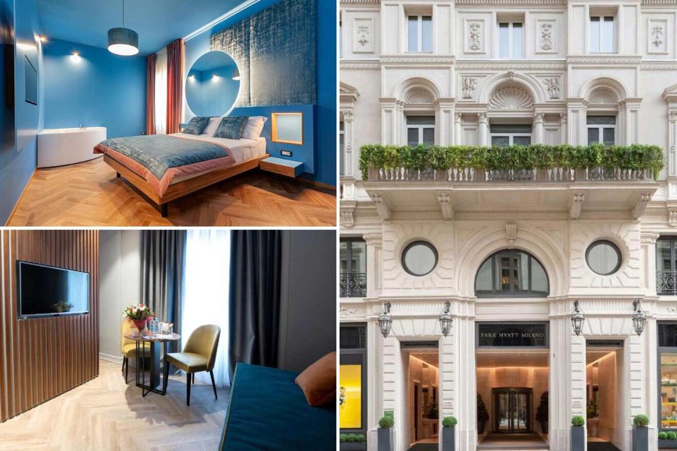A collage of three hotel photos to stay in Centro Storico, Milan: a sleek bedroom with a round blue headboard and hardwood floors, an exterior view of the Park Hyatt Milan with ornate architecture and greenery, and a small dining area with a modern aesthetic and a vibrant yellow chair