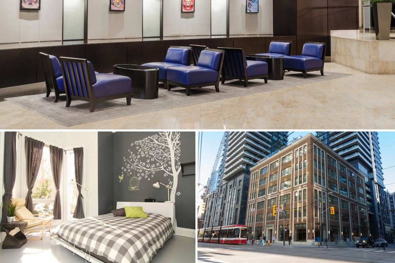 A collage of three hotel photos to stay in the Entertainment District, Toronto: a hotel lobby with modern purple chairs and artwork, a contemporary bedroom with wall art and a plaid bedspread, and the exterior of a red brick corner building in an urban setting
