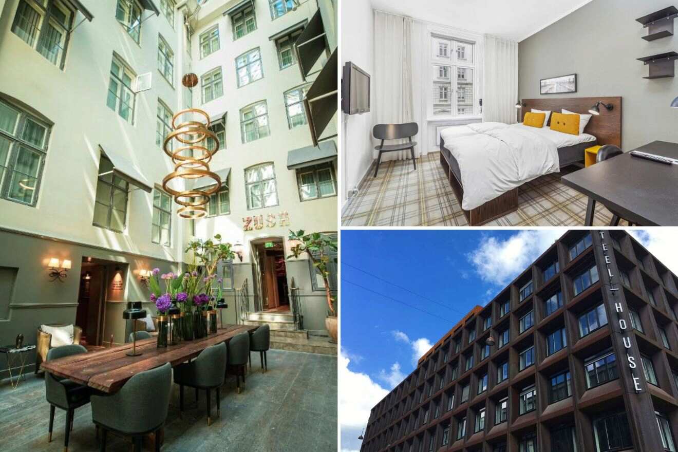 A collage of three hotel photos to stay in Copenhagen: A light-filled atrium with unique hanging lights and lush greenery, a cozy bedroom with plaid accents and pops of yellow, and the exterior view of a modern hotel with large windows.