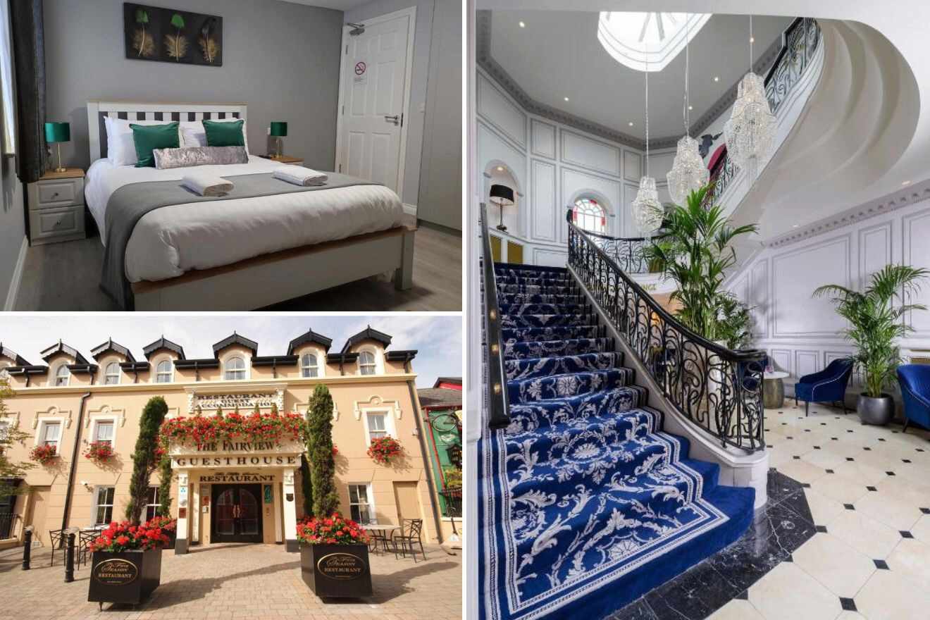 A collage of three hotel photos to stay in Killarney: a modern bedroom with grey tones and green accents, a grand staircase with blue carpet and elegant white paneling, and the exterior of a charming guesthouse adorned with red flowers