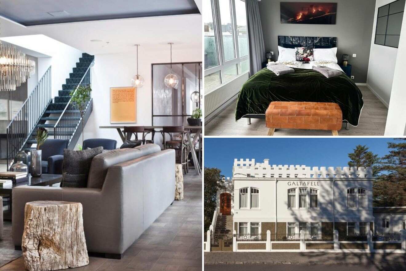 A collage of three hotel photos to stay in Reykjavik: an open living area with a dark staircase and chic dining setup, a cozy bedroom with dark walls and a green velvet comforter, and the quaint white exterior of the Galtafell Hotel with classic architecture
