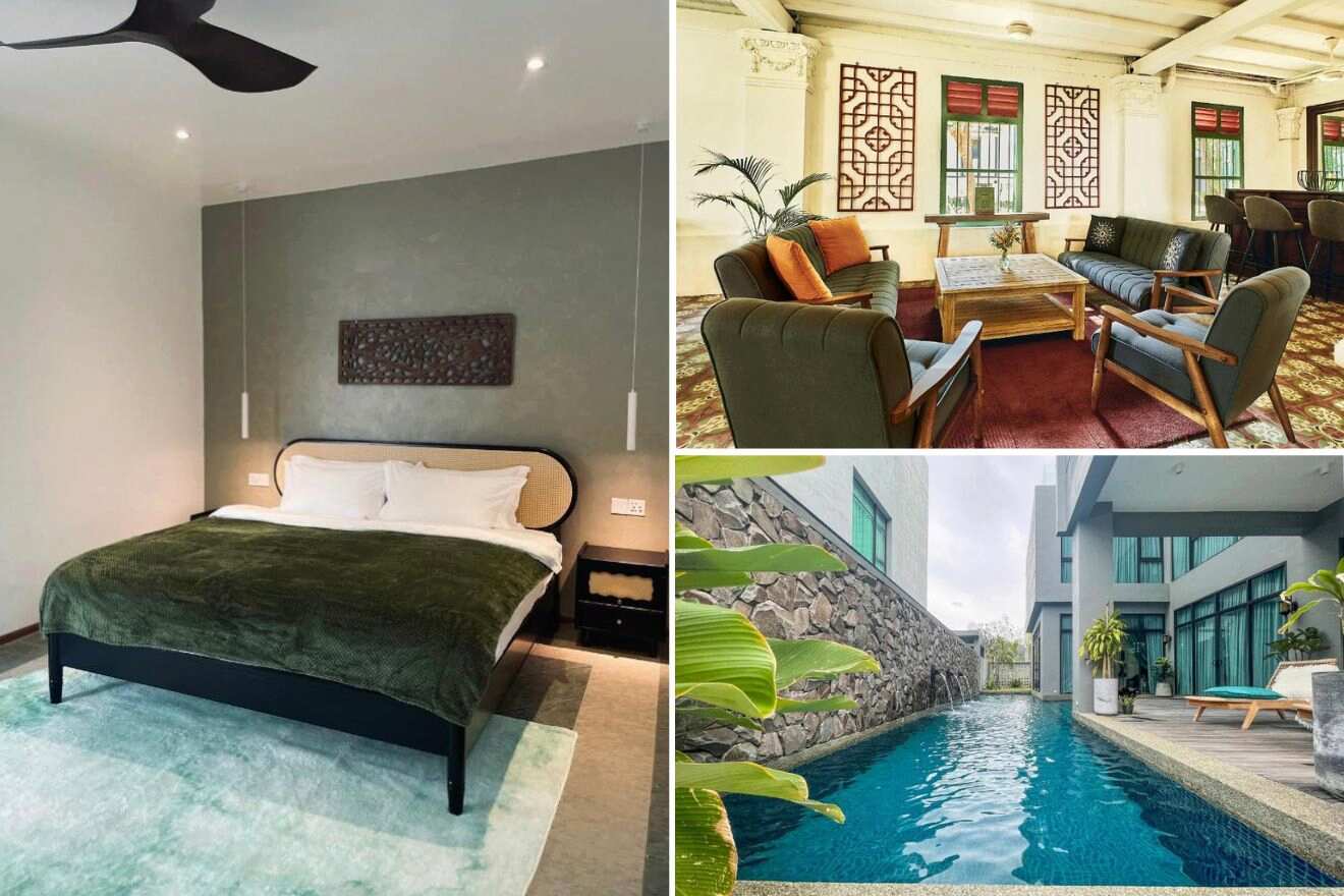 A collage of three hotel photos to stay in Pantai Cenang, Langkawi: a serene bedroom with a green accent wall and modern decor, a cozy lounge with traditional wooden elements and a vibrant seating area, and a private pool with crisp architecture and lush greenery enhancing the tranquil vibe.