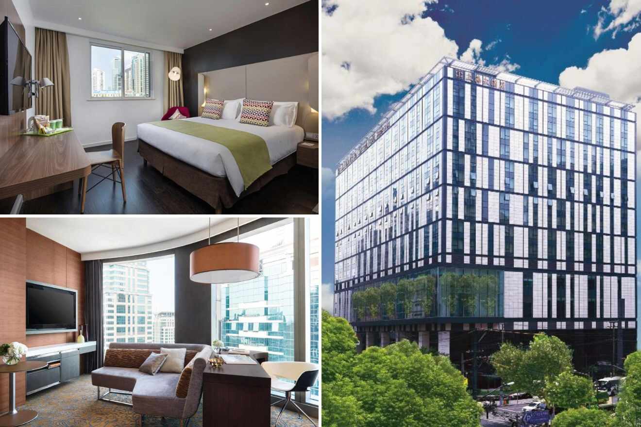 A collage of three hotel photos to stay in People’s Square Shanghai: a modern bedroom with a city view and vibrant bedding, an expansive building facade with reflective glass windows, and a cozy living space with a chic interior and large windows overlooking the city