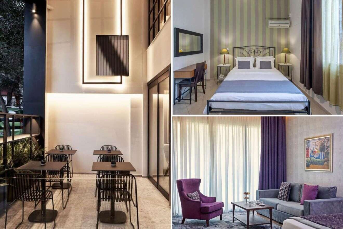 A collage of three hotel photos to stay in Athens: A chic café terrace with black chairs and tables, a minimalistic hotel bedroom with green striped walls, and a cozy sitting area with purple accents and a large window.