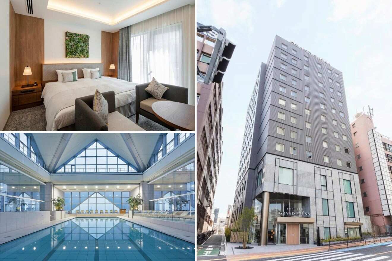 A collage of three hotel photos to stay in Shinjuku, Tokyo: A cozy bedroom with plush seating and a green wall feature, a sleek building facade with modern design, and an indoor pool with a view of the sky through a glass ceiling
