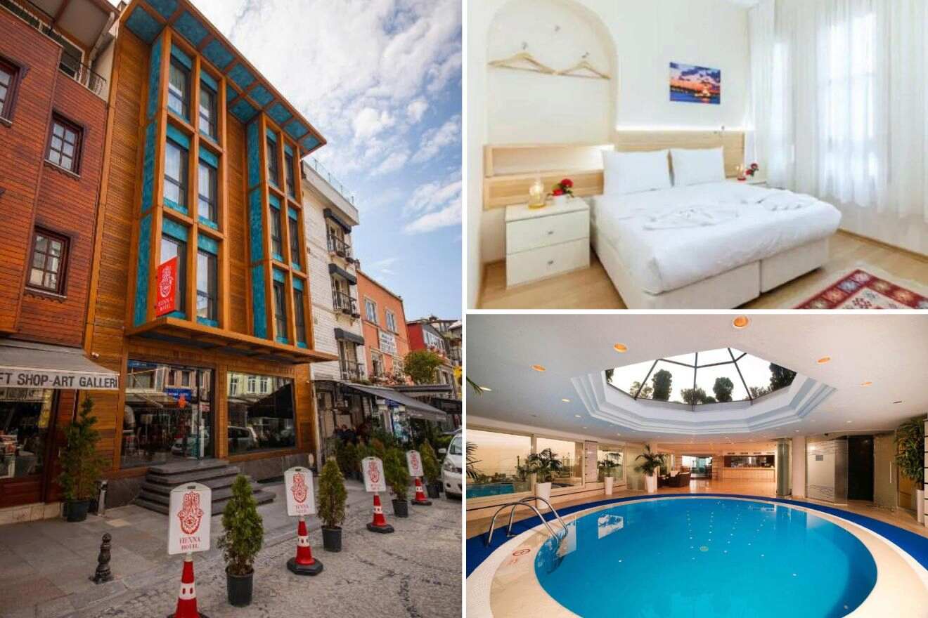 A collage of three hotel photos to stay in Sultanahmet, Istanbul: Exterior view of a red-brick hotel with blue-framed windows, a cozy bedroom with minimalist decor and a wall-mounted painting, and an indoor pool with a glass ceiling and white pillars.