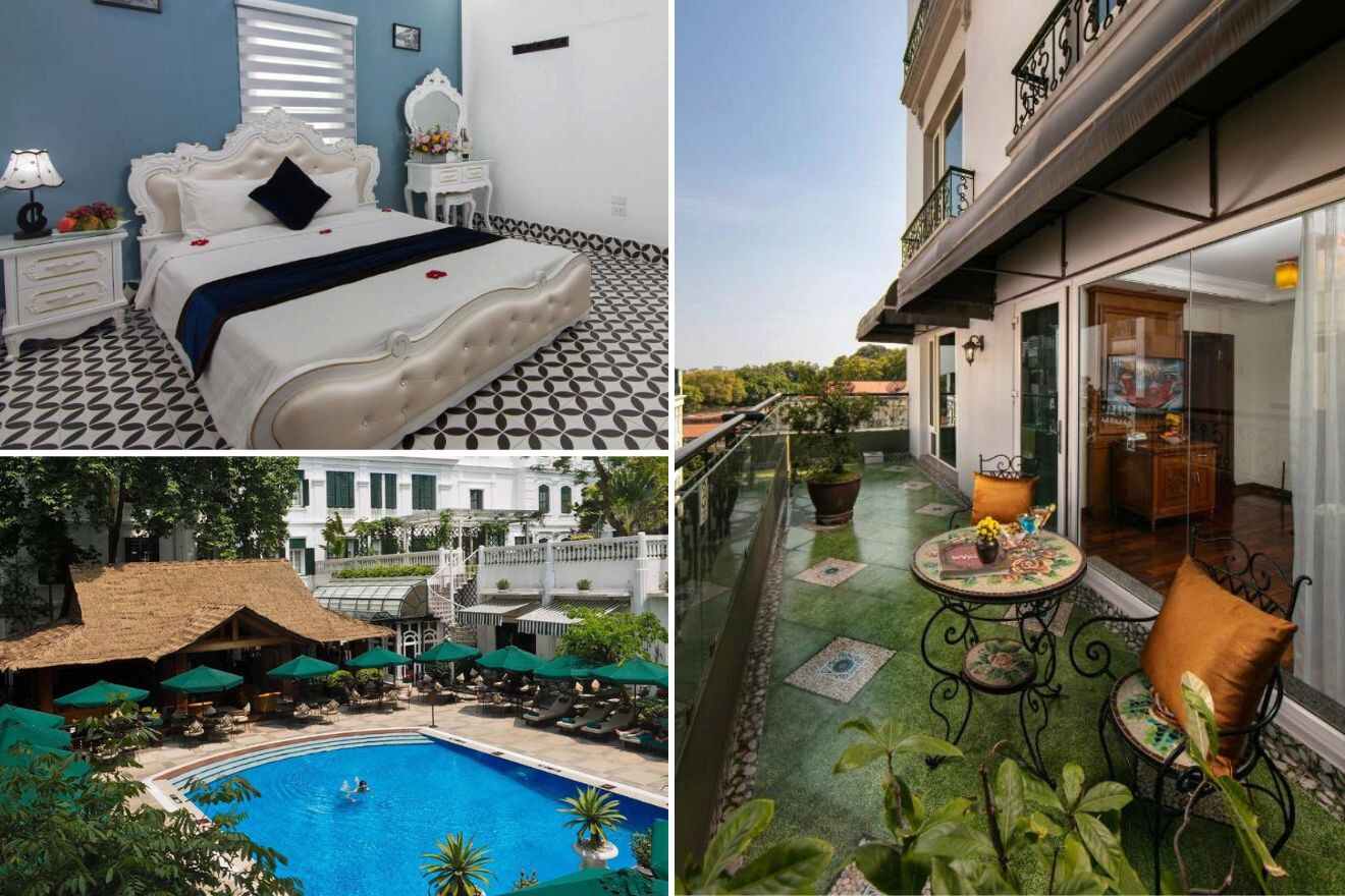 A collage of three hotel photos to stay in Hanoi: an elegant bedroom with a classic white headboard and decorative black and white flooring, a balcony view showcasing a quaint seating area overlooking lush treetops, and a serene hotel exterior with a charming balcony and white facade