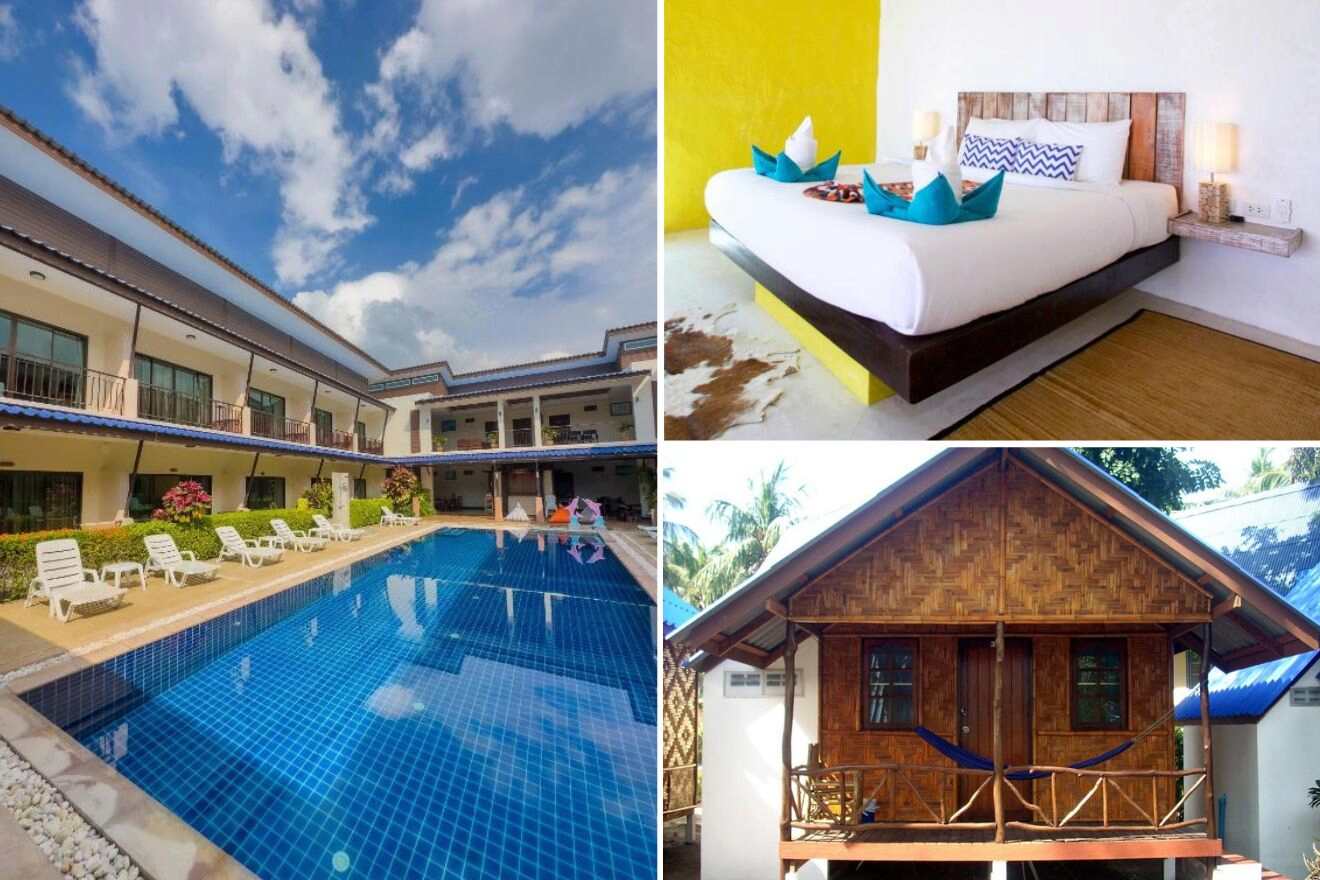 A collage of three hotel photos to stay in Thong Sala, Koh Phangan: a sunny poolside with lounging chairs, a cozy bedroom with bright accent pillows and a warm yellow wall, and a rustic wooden bungalow surrounded by tropical greenery.