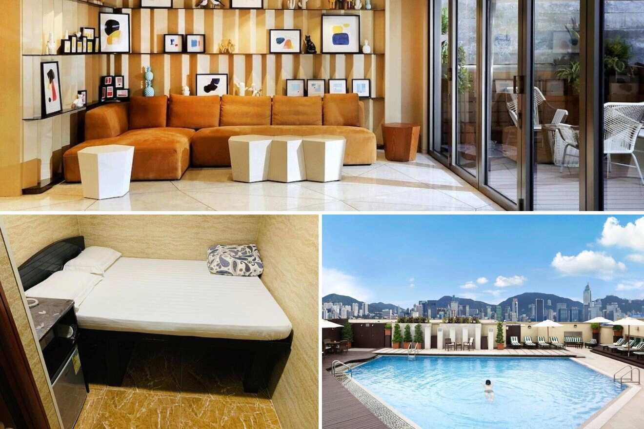 A collage of three hotel photos to stay in Tsim Sha Tsui, Hong Kong, showcasing a cozy lobby with modern art and a plush orange sofa, a compact and practical sleeping alcove with a single bed, and a rooftop pool with a stunning skyline view.