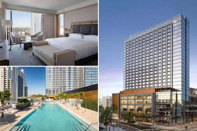 A collage of three hotel photos for a luxurious stay in Tampa: a plush bedroom with a king-sized bed and floor-to-ceiling windows offering a city view, the hotel's exterior showcasing its tall glass facade against a clear sky, and a serene pool area flanked by palm trees and lounge chairs under a bright blue sky