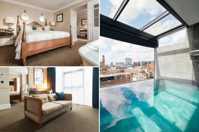 A collage of three hotel photos to stay in Manchester: A classic bedroom with a large four-poster bed and adjacent open bathroom, a cozy living room area with modern furnishings, and a rooftop pool with a stunning cityscape view