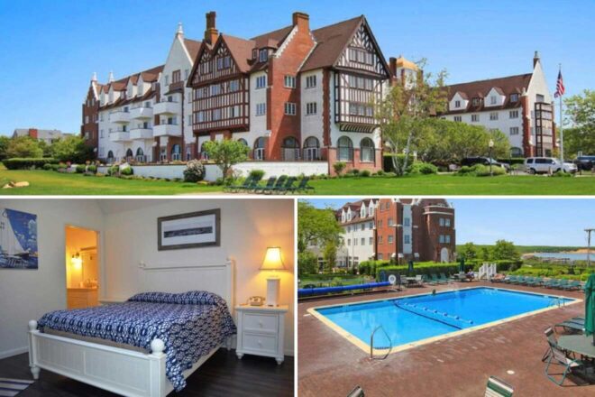 A collage of three hotel photos to stay in The Hamptons: a grand Tudor-style exterior with well-kept lawns and lounging areas, a cozy guest room with nautical themes and a welcoming ambiance, and a large outdoor swimming pool surrounded by patio seating