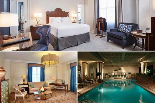 A collage of three hotel room photos to stay in Memphis: a classic room with a plush white bed and elegant wooden furniture, a chic living area with a modern sofa and vibrant decor, and an indoor pool with a serene and tranquil ambiance.