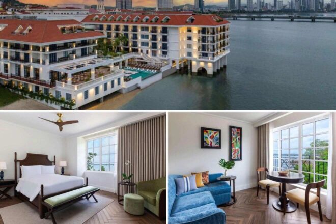 A collage of three hotel photos to stay in Panama City: an elegant waterfront hotel building with white balconies and terraces, a serene hotel bedroom with classic furniture and a window with a view, and a cozy sitting area with modern art and a comfortable blue couch
