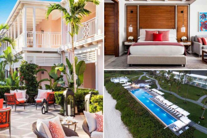 A collage of three hotel photos to stay in Nassau: A charming colonial-style balcony surrounded by lush tropical greenery, an opulent bedroom with rich wood accents and a pop of red, and an aerial view of a long, lit pool at dusk.