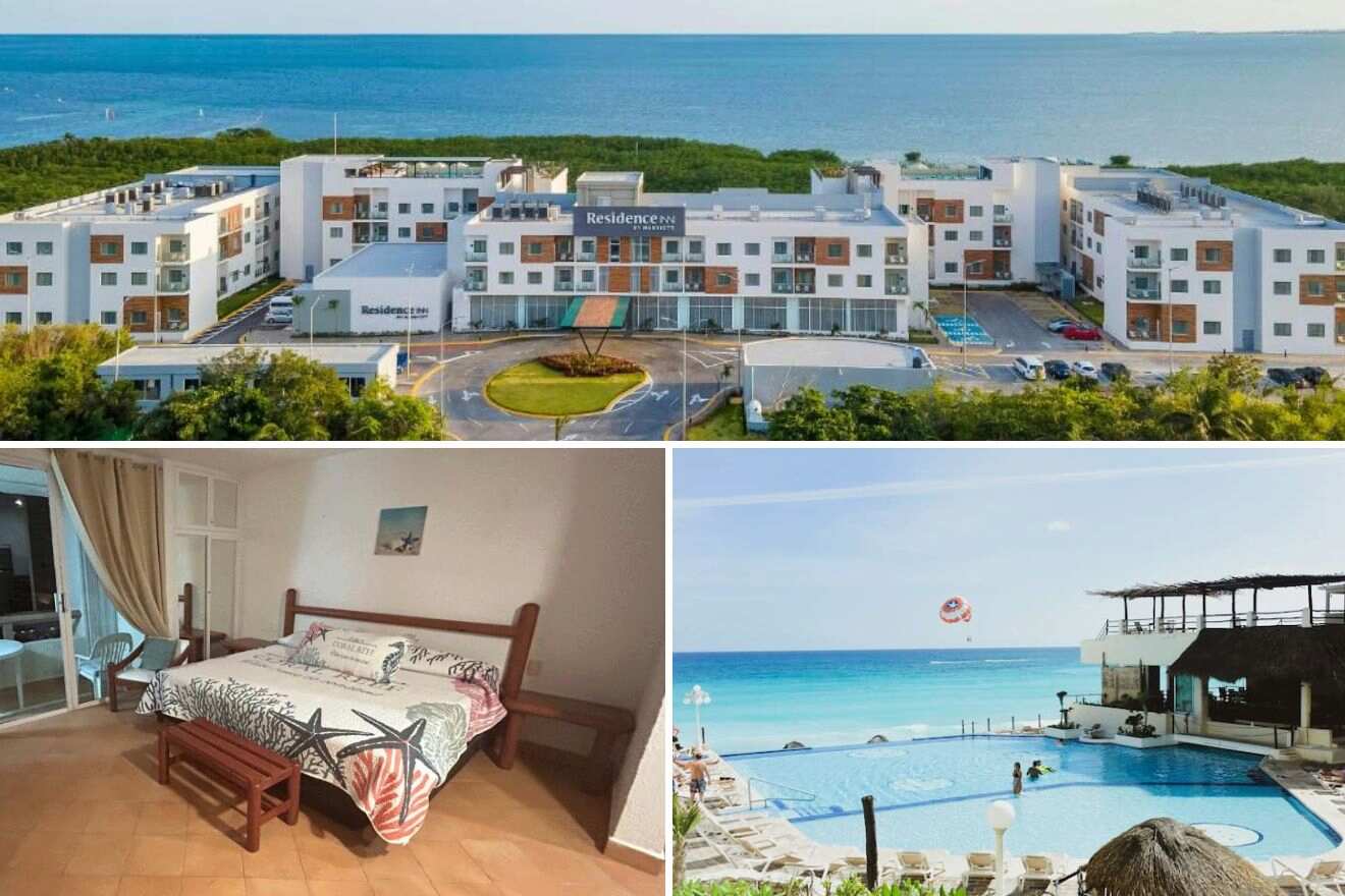 A collage of three hotel photos to stay in Cancun: An aerial view of a modern hotel complex by the turquoise sea, a simple bedroom with a nautical theme opening to a small balcony, and a resort pool with a view of parasailing over a clear blue ocean