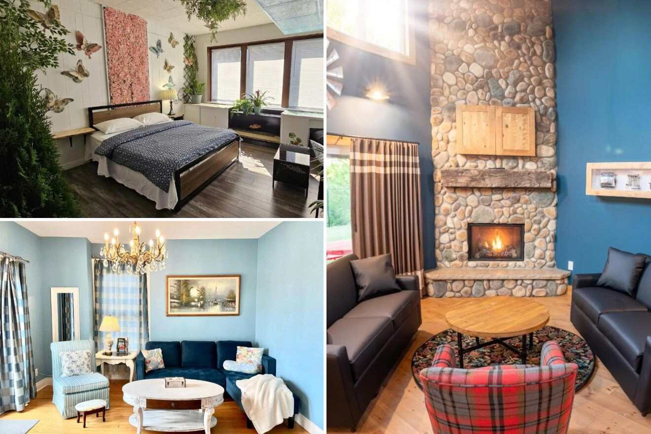A collage of three hotel photos to stay in Niagara Parkway & Silvertown Niagara Falls: A bedroom with a nature-inspired wall and large windows, an elegant living room with blue walls and vintage decor, and a cozy lounge with a stone fireplace and plush seating