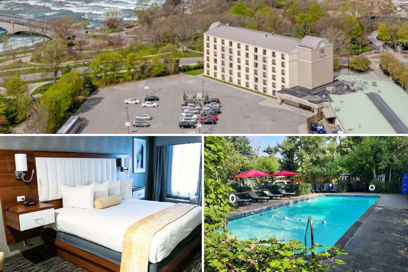 A collage of three hotel photos to stay in Lundy’s Lane Niagara Falls for couples: An aerial view of a hotel with a spacious parking lot near greenery, a minimalist hotel room with crisp white bedding and blue accents, and a secluded outdoor pool area with ample seating and mature trees.