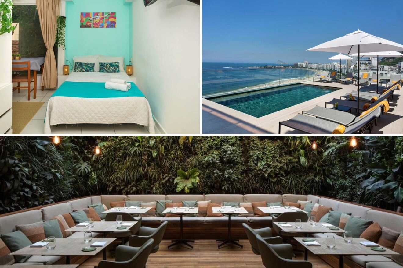 A collage of three photos of hotels to stay in Rio: A bright bedroom with colorful artwork and blue bedding, a sleek outdoor pool overlooking the ocean, and an outdoor dining area nestled among lush tropical foliage.