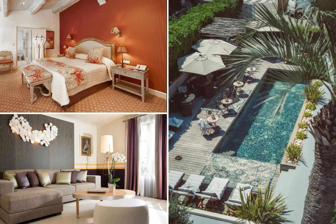 A collage of three hotel photos to stay in St. Tropez: a cozy bedroom with a coral-themed decor and rustic charm, an aerial view of an outdoor pool surrounded by parasols and dining areas, and a stylish living room with a chic chandelier and modern furnishings