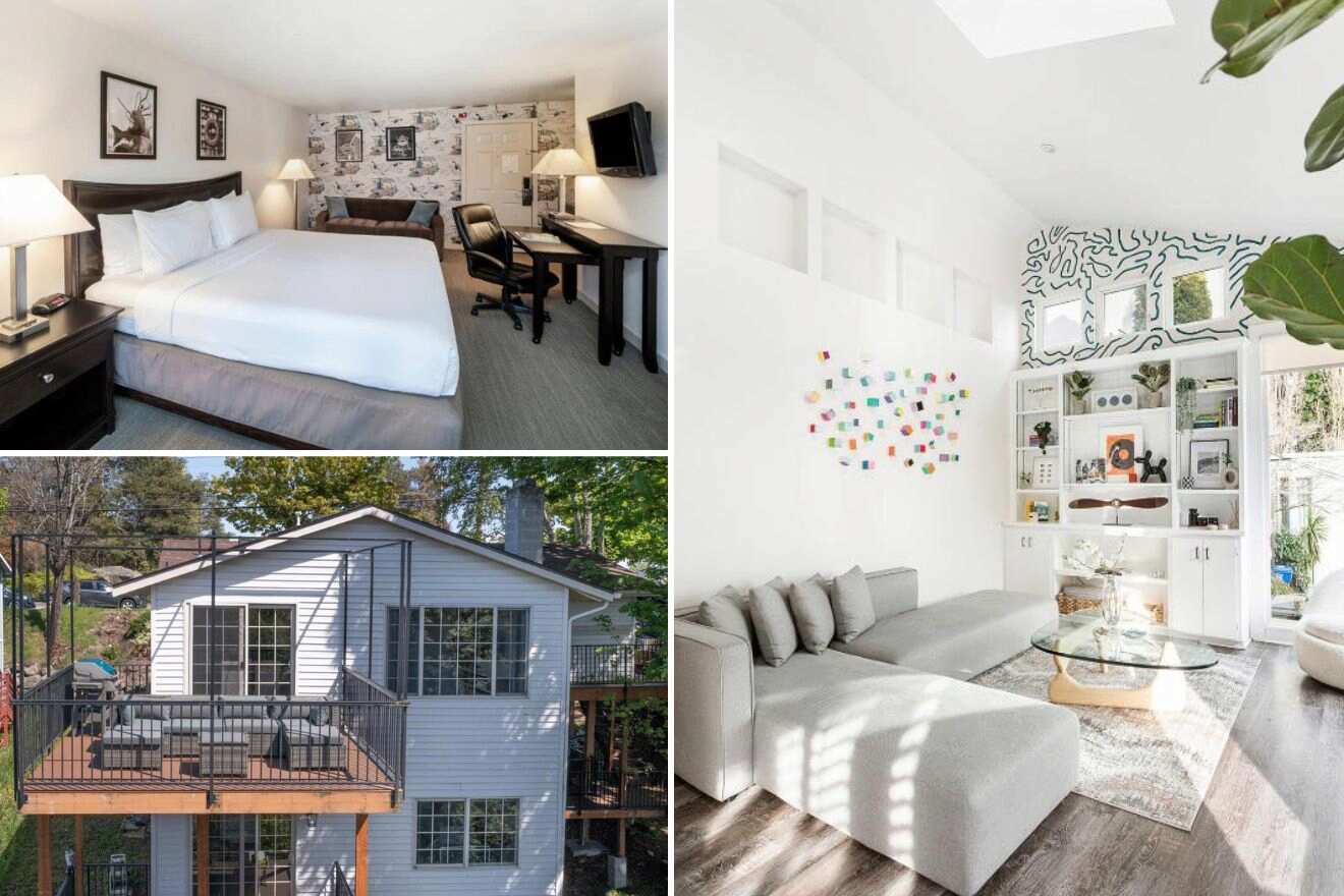 A collage of three hotel photos to stay in Seattle: a stylish bedroom with wall decor, a modern living room with a large window, and a house with a balcony surrounded by greenery