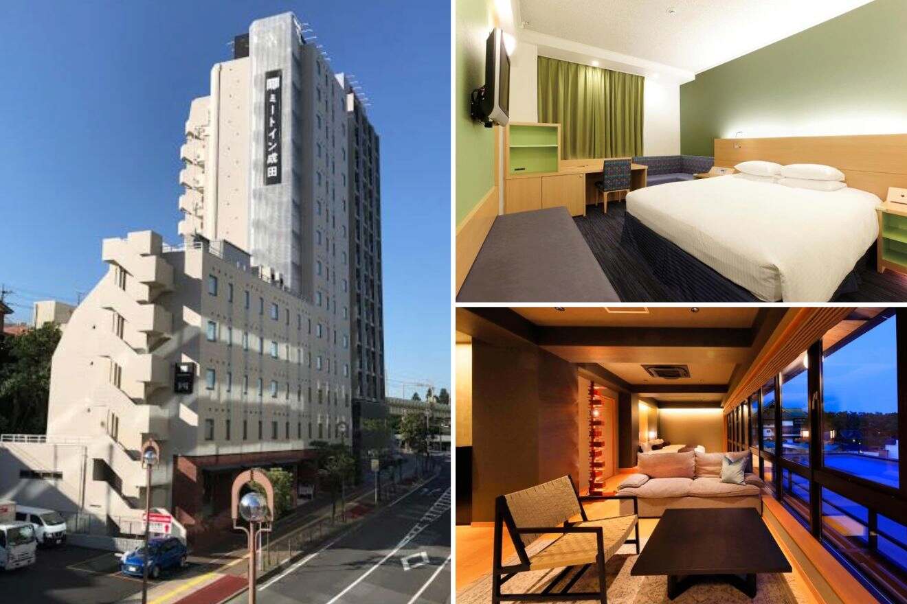 A collage of three hotel photos to stay near Narita Airport, Tokyo: an avant-garde hotel building with a unique geometric facade, a functional bedroom with green accents and modern furniture, and an inviting hotel room with traditional Japanese elements and a view of the evening sky through large windows.
