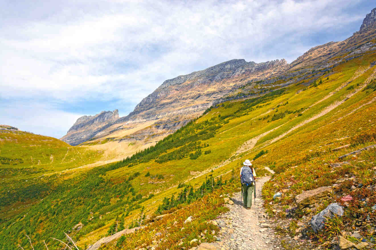 Hiker with a backpack walking on a trail in a vast mountainous terrain with green meadows and rugged peaks under a partly cloudy sky