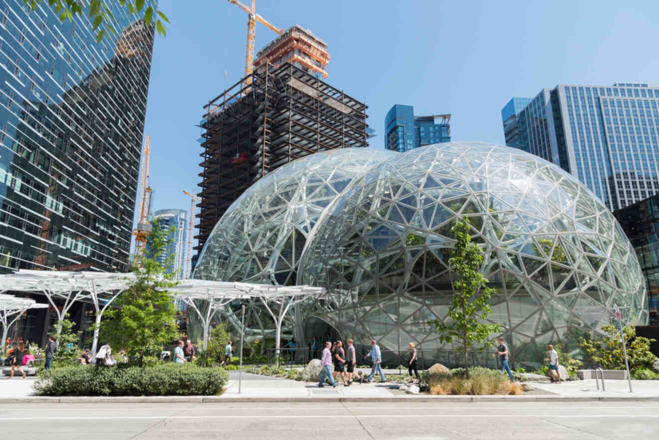The Amazon Spheres amidst modern skyscrapers in downtown Seattle, showcasing the city's blend of nature and urban development