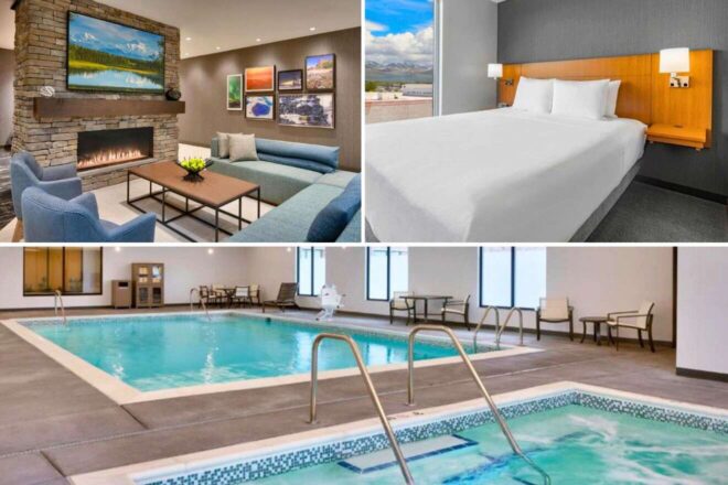A collage of three hotel photos to stay in Anchorage: a contemporary hotel lounge with stone fireplace and vibrant art, a minimalist hotel room with comfortable bedding and mountain views, and a clean, indoor pool area with ample seating.