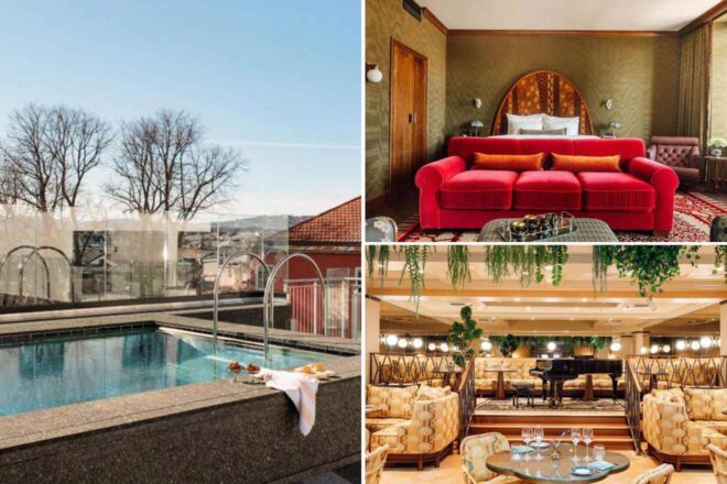 A collage of three hotel photos to stay in Oslo: an outdoor rooftop pool with city views, an opulent bedroom with a red velvet sofa, and a well-appointed lobby with hanging greenery and a grand piano.