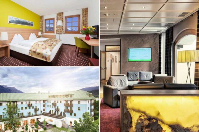 A collage of three hotel photos to stay in Innsbruck: a bright room with a yellow accent wall and mountain view, a cozy seating area with a patterned carpet and screen displaying hotel information, and the hotel's welcoming exterior with balconies and a mountain backdrop.