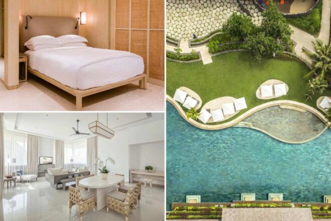 A collage of four hotel photos to stay in Canggu: a minimalist bedroom with a large comfortable bed and wooden accents, a spacious and modern living room with contemporary furniture and abundant natural light, an overhead view of a uniquely shaped pool surrounded by cabanas, and a bird's-eye view of a lush garden pathway leading to a curvy pool.