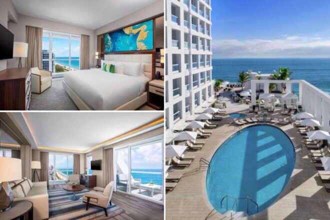 A collage of three hotel photos to stay in Fort Lauderdale: a sleek bedroom boasting an expansive world map art piece, a bird's-eye view of a luxury hotel pool area, and a spacious suite with a balcony overlooking the tranquil ocean.