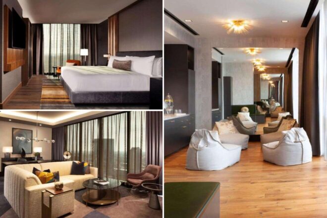 A collage of three hotel photos for a stay in Nashville: a luxurious bedroom with a raised sleeping area and plush bedding, a spacious living room with cream sofas and modern art, and a cozy seating area with beanbag chairs and warm lighting