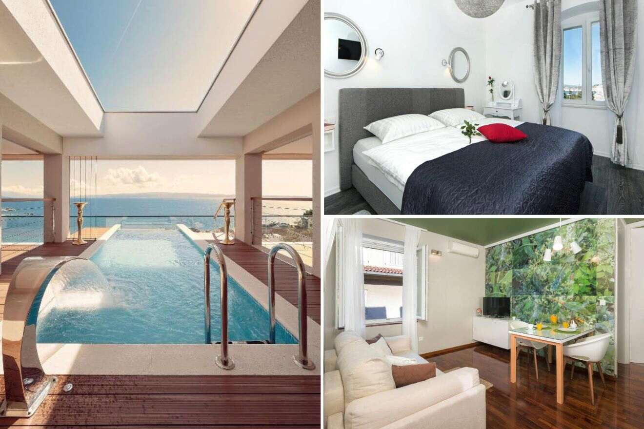 A collage of three hotel photos to stay in Split: A luxurious infinity pool with a stunning ocean view under an open sky, a stylish bedroom with a dark bedspread and a round mirror, and a bright dining area beside a window with lush greenery.