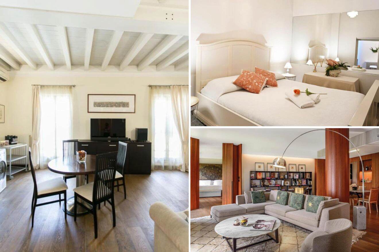 A collage of three hotel photos to stay in Brera & Parco Sempione, Milan: a spacious living room with traditional ceiling beams and a dining set, a neat bedroom with subtle decor and a plush headboard, and a cozy lounge with a large sectional sofa and a gallery wall