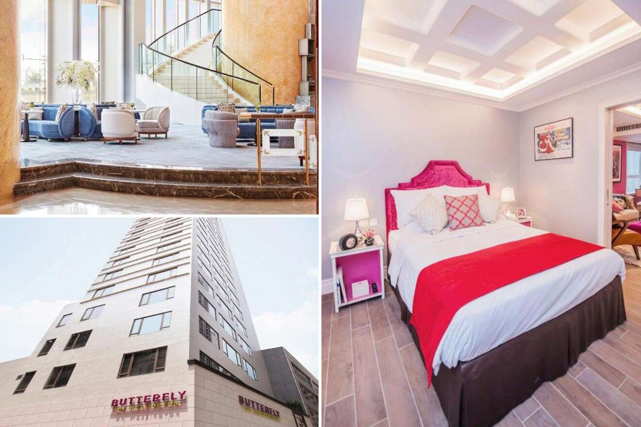 A collage of three hotel photos to stay in Central Hong Kong, featuring a grand lobby with a sweeping staircase, a romantic bedroom with a vibrant red headboard, and the hotel's contemporary high-rise facade