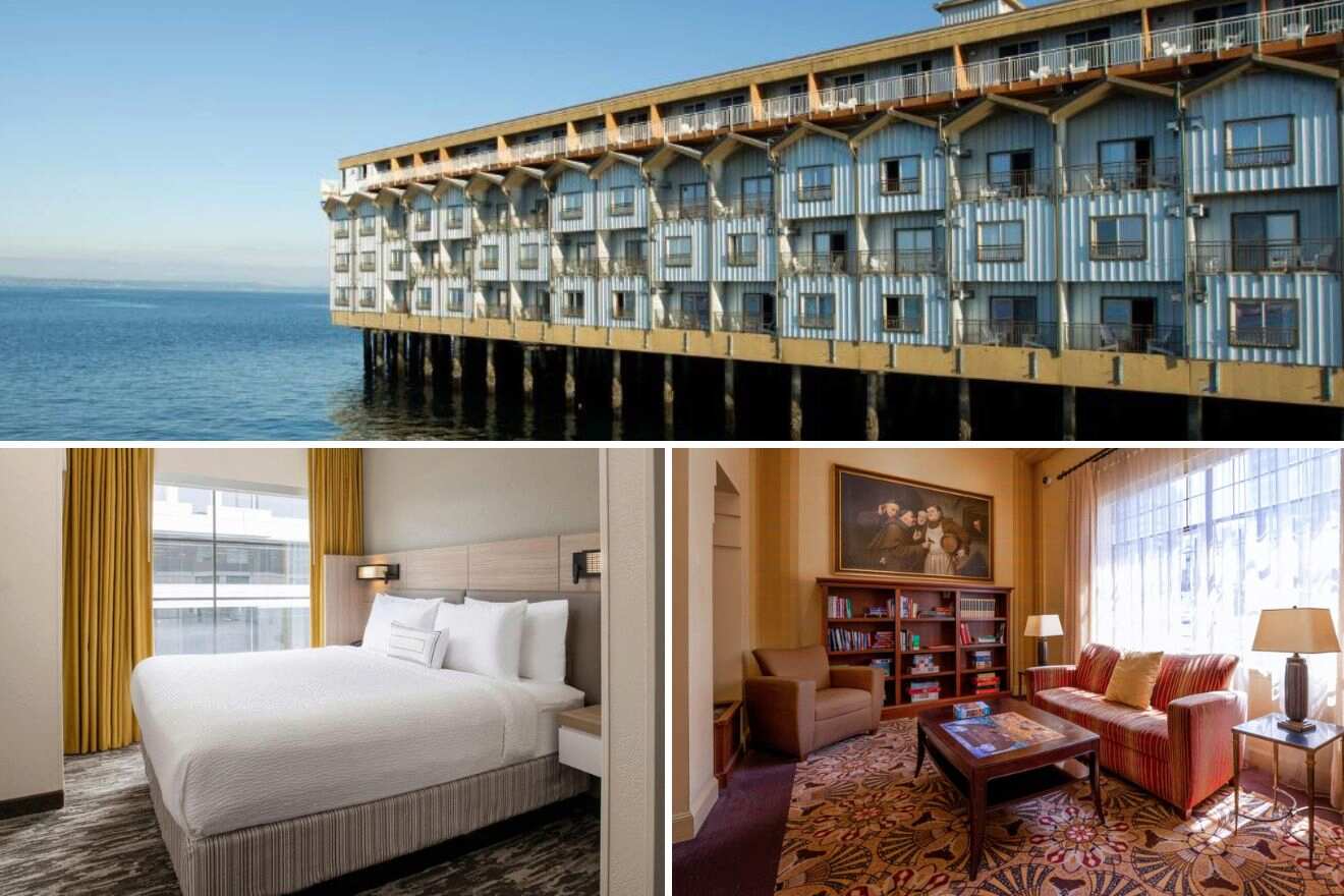A collage of three hotel photos to stay in Seattle: a hotel built over water with balconies facing the sea, a sophisticated bedroom with a large window and artwork, and a spacious living room with a large bookshelf and comfortable seating